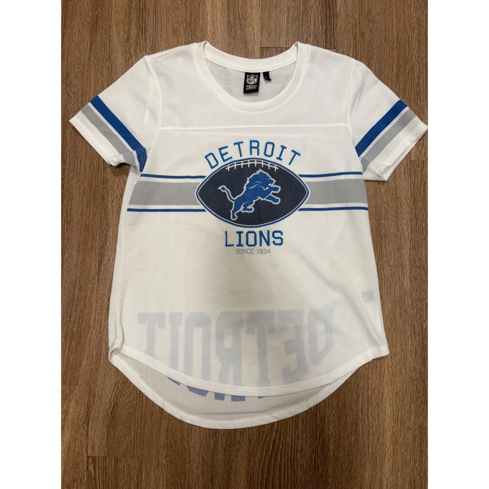 NFL Team Apparel Detroit Lions White Mesh Jersey Shirt Womens Large Blue Silver